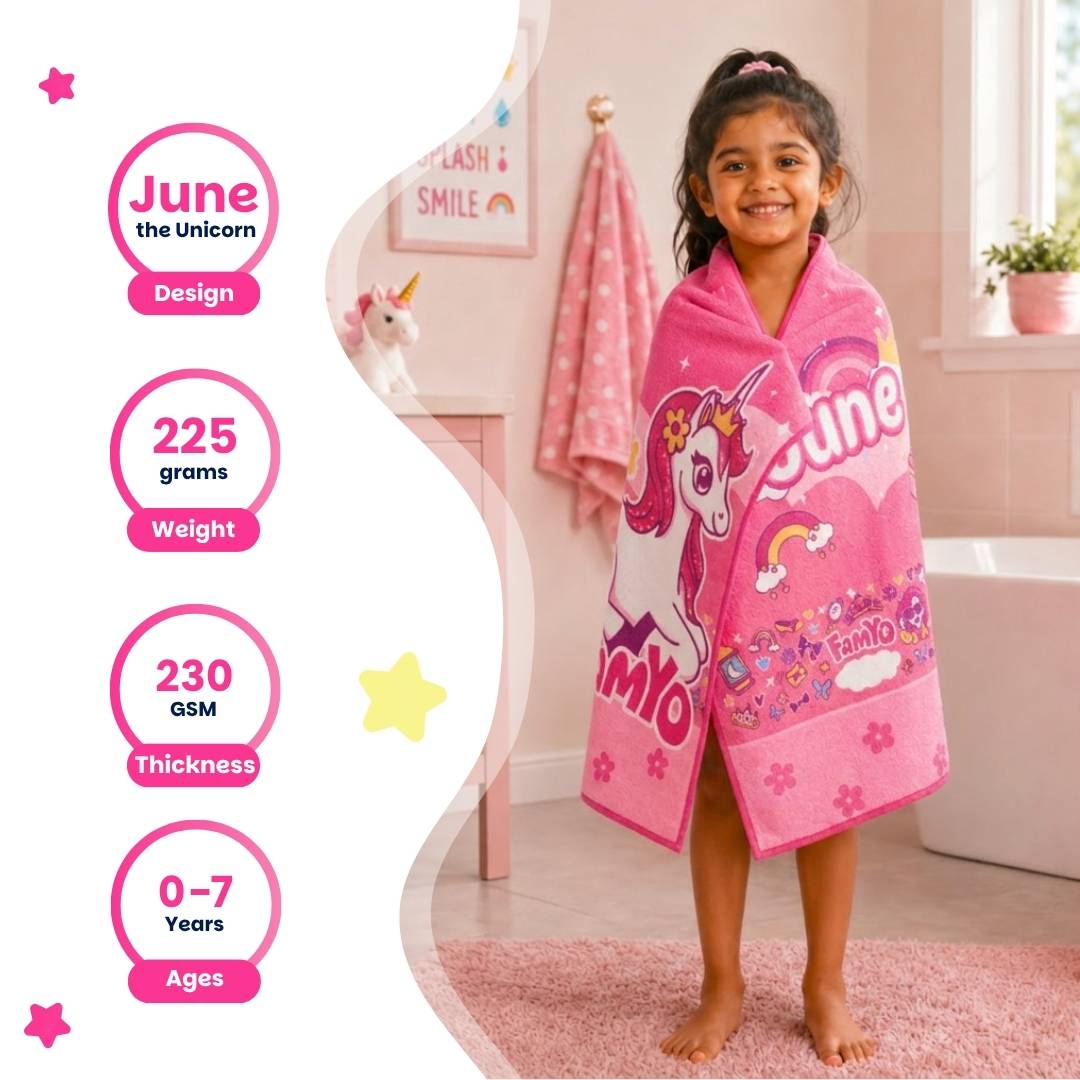Famyo June the Unicorn Flat Towel for Kids made with premium microfiber fabric featuring quick dry technology, lightweight and travel friendly design, fade resistant print, soft and highly absorbent for bath, beach, swimming and everyday use.