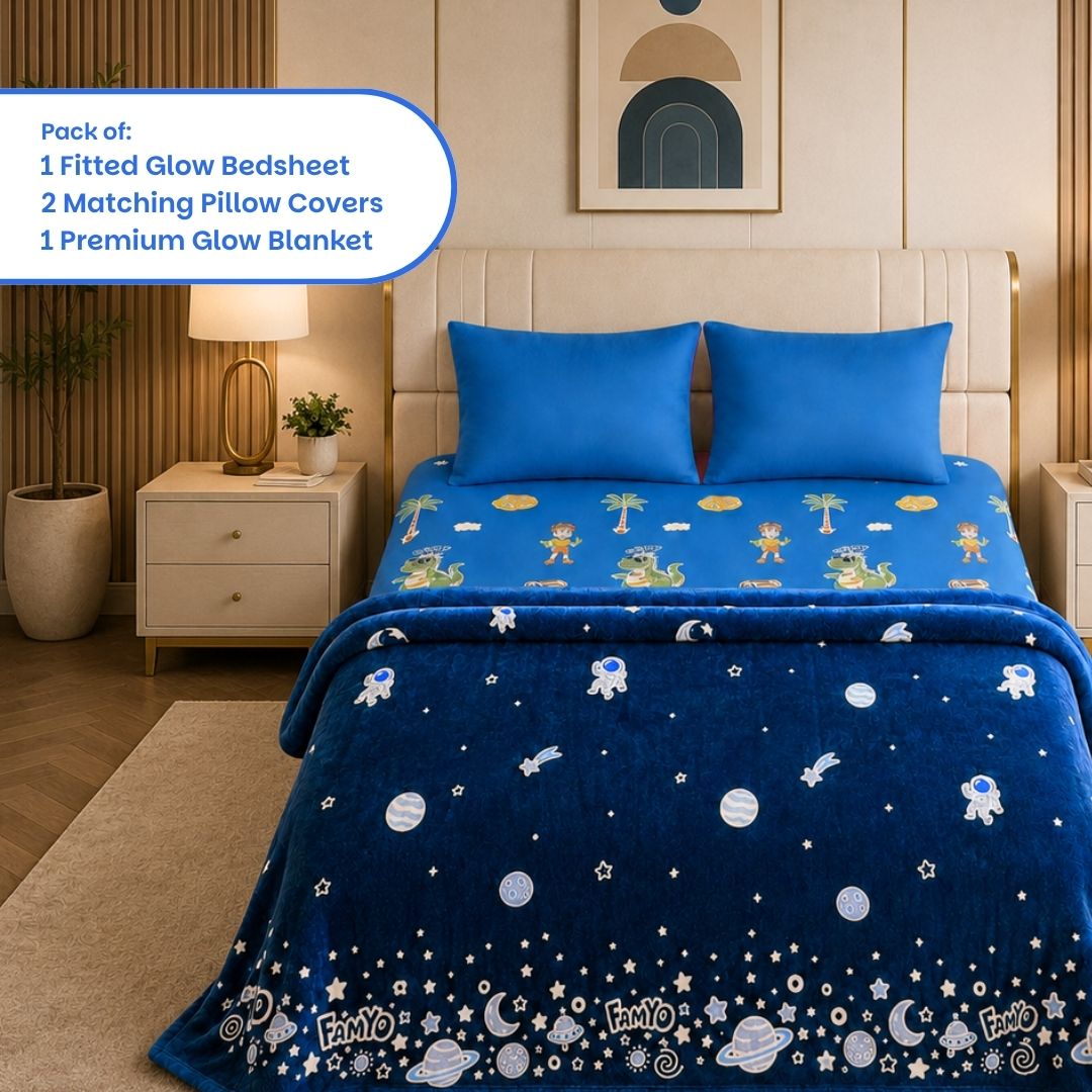 Dark Blue Astronaut Glow Blanket & Rexy the Dino Glow Bedsheet Set for Kids | 4 PC Glow in the Dark Bedding Set | Queen Size Blanket & King Size Bedsheet