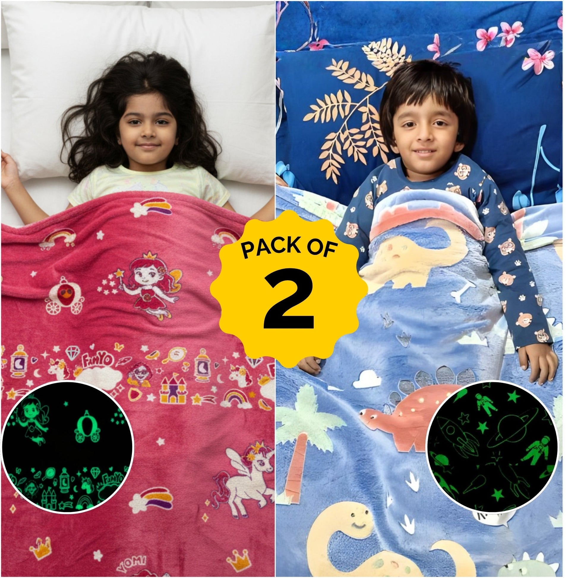 June the Unicorn & Dino Glow in the Dark Blankets for Kids | Set of 2 Soft Glow Blankets | Safe, Skin-Friendly Throw Blankets | Ages 0–15 Years Famyo Shop WH