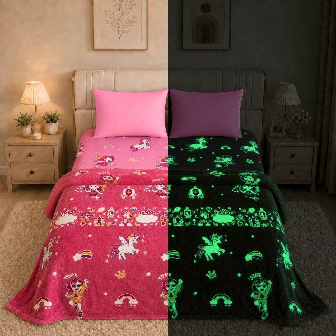 June the Unicorn Glow in the Dark Blanket/Quilt/AC Comforter & Glow Bedsheet Set for Kids | 4 PC Queen Size Bedding Set | Glow Maxx Series
