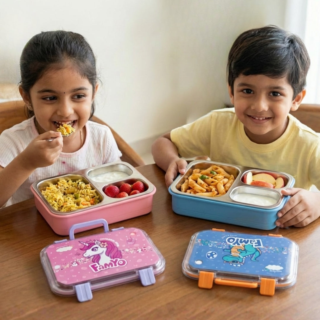 Famyo Bento lunch boxes for kids - Rexy the dinosaur and June the Unicorn designs for kids 