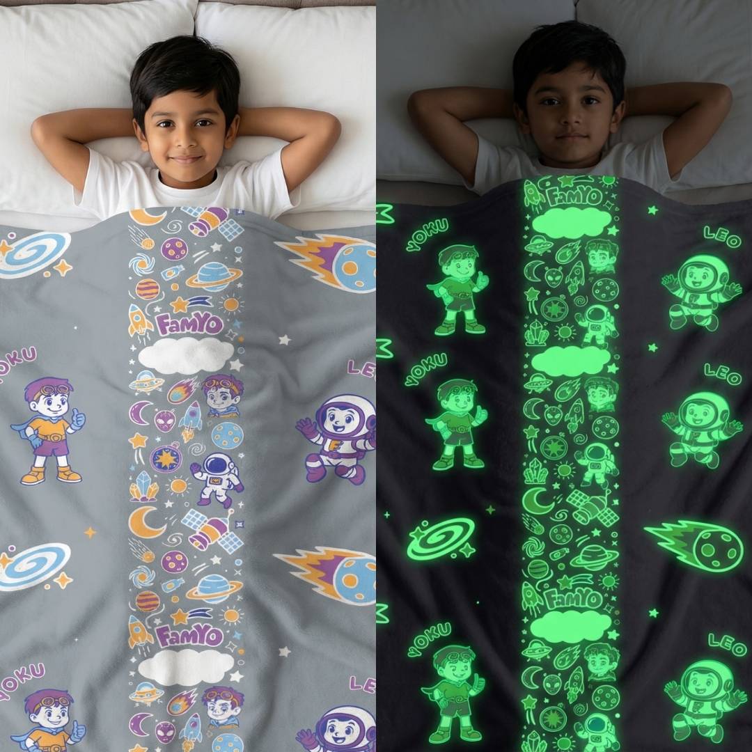 Child lying on a bed with a colorful blanket featuring cartoon characters and text.