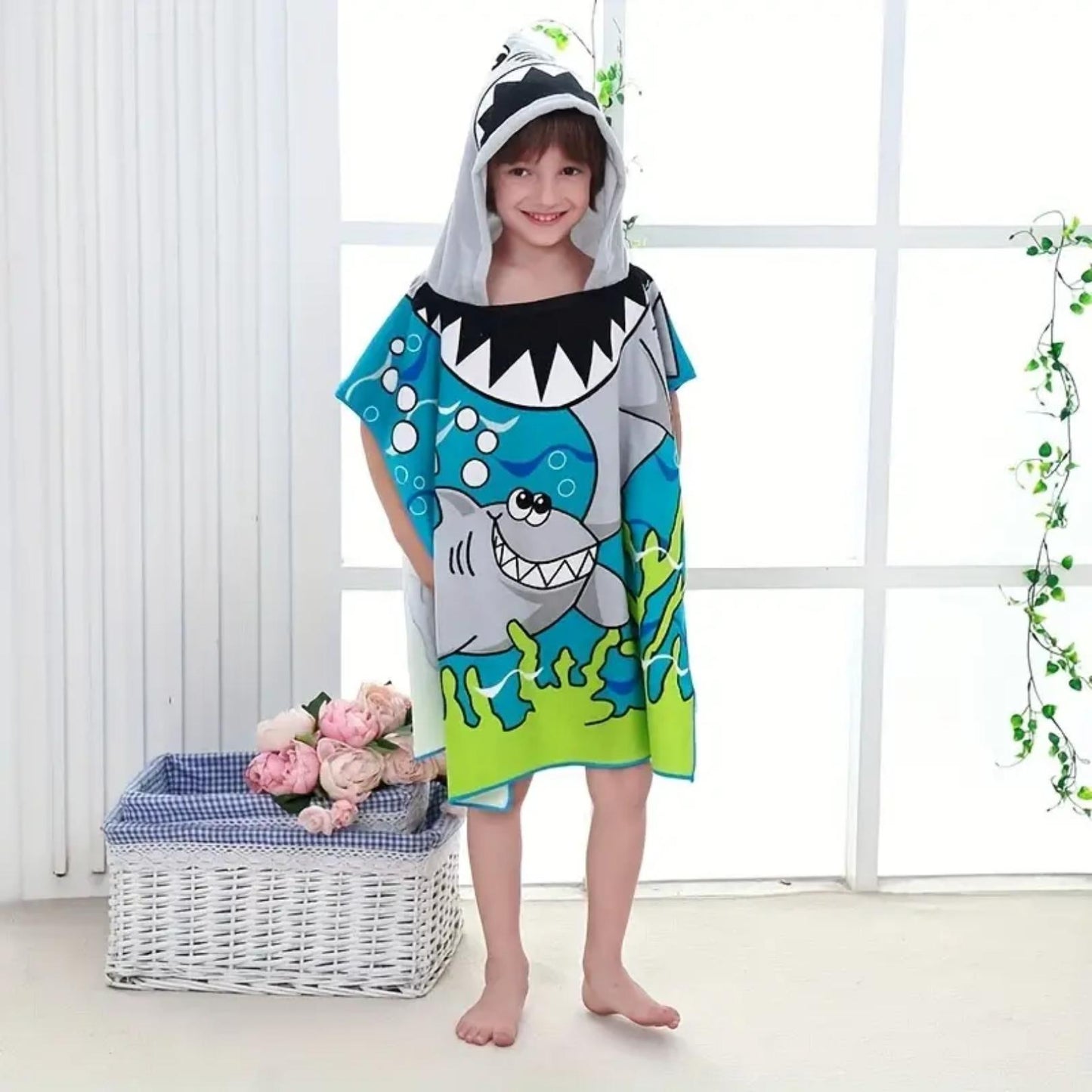 Cute Shark Poncho Towel for Kids | Hooded Beach Bath Towels for Boys & Girls | 60 x 60cm Toddler Pool Towel with Hood