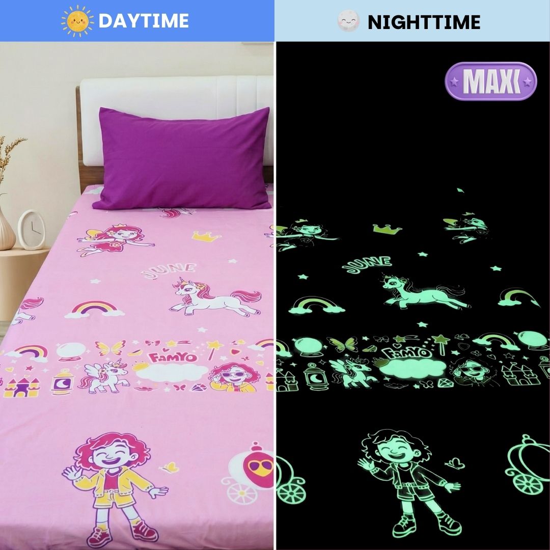 Famyo June the Unicorn Glow Bedsheet for Kids – King Size Fitted Bedsheet Set | Glow Maxx Series | Premium Microfiber (300 TC)