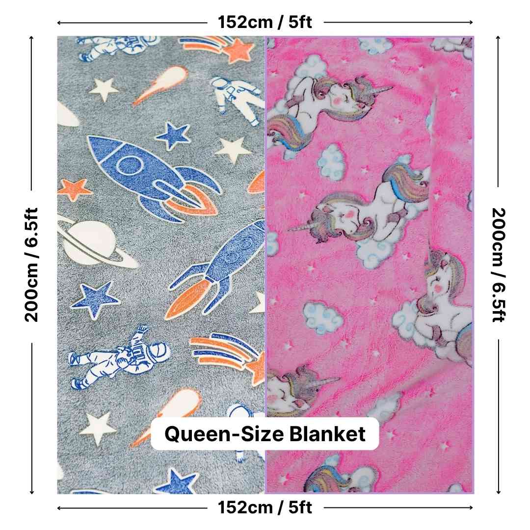 Glow in the dark blanket bundle by Famyo – dreamy unicorn and rocket designs