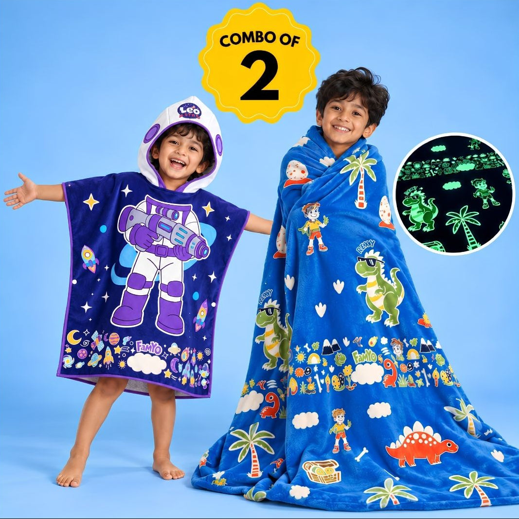 Dark Blue Astronaut & Rexy the Dino Glow in the Dark Blanket/Ouilt/ AC Comforter Combo for Kids | Set of 2 Queen Size