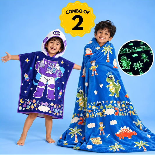 Dark Blue Astronaut & Rexy the Dino Glow in the Dark Blanket/Ouilt/ AC Comforter Combo for Kids | Set of 2 Queen Size