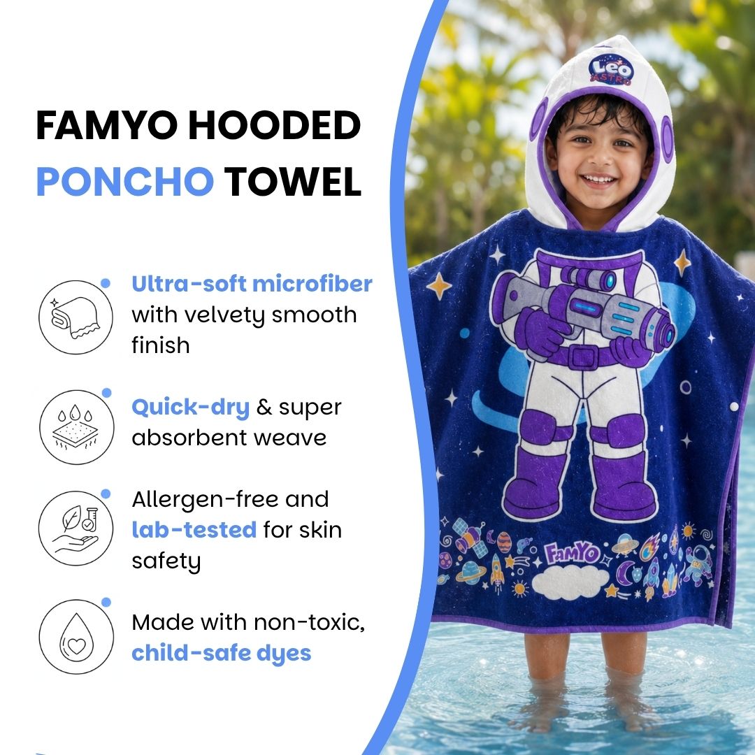 Dark Blue Astronaut hooded poncho towel for kids featuring ultra-soft quick-dry microfiber fabric, lightweight wearable design, attached hood, knee-length coverage, and ideal for bath, beach, pool, swimming, travel, and everyday use.