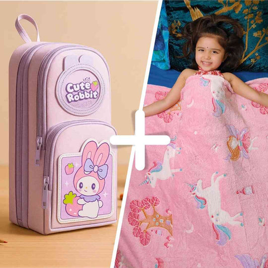 Famyo Gift Set – Cute Fairy Glow Blanket + Cute Pink Rabbit Pencil Pouch