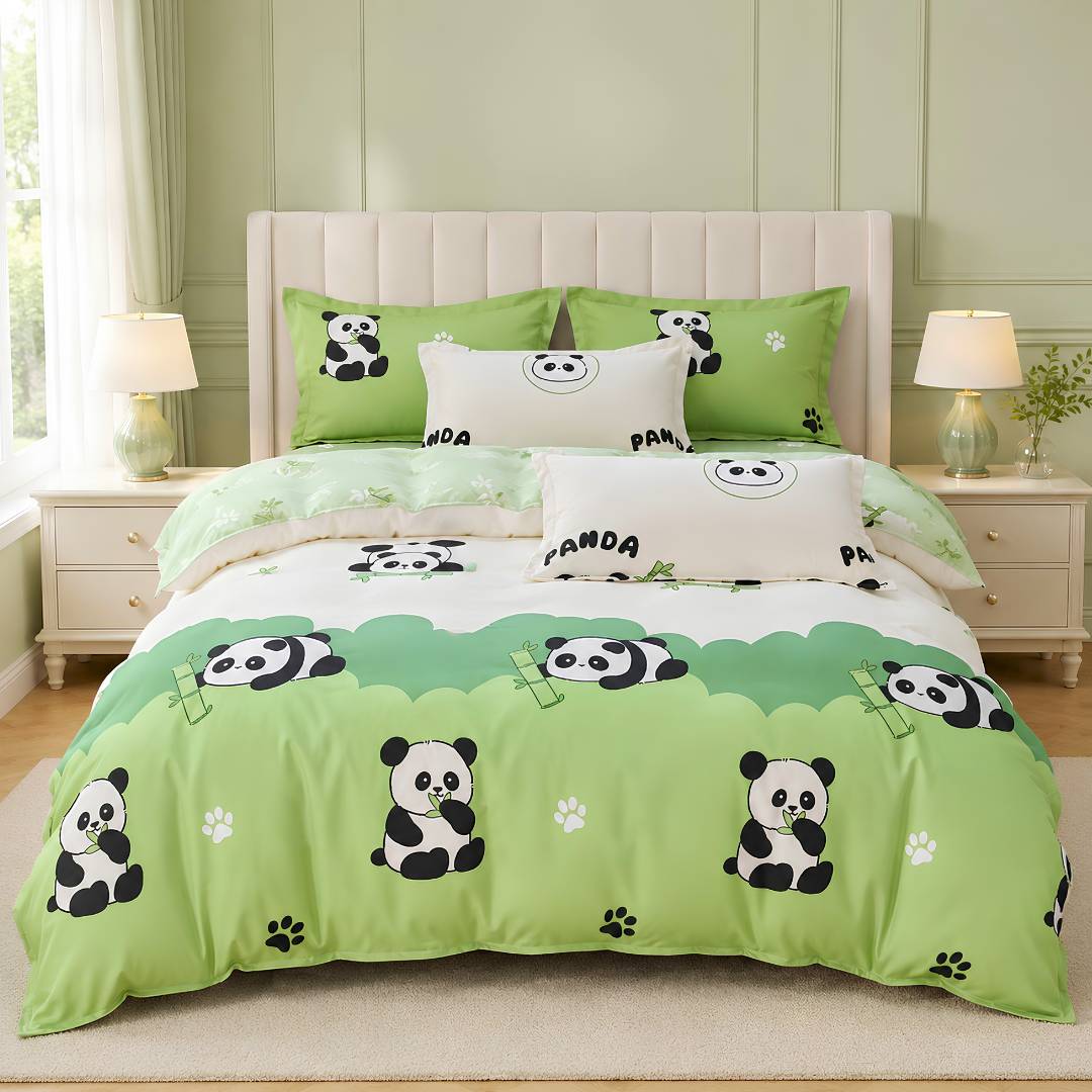 Green Panda King Size AC Comforter Set | 4 & 5 Piece Options | 250 TC Cotton Fitted Bedsheet | 150 GSM Lightweight All-Season Bedding Set with Pillow Covers