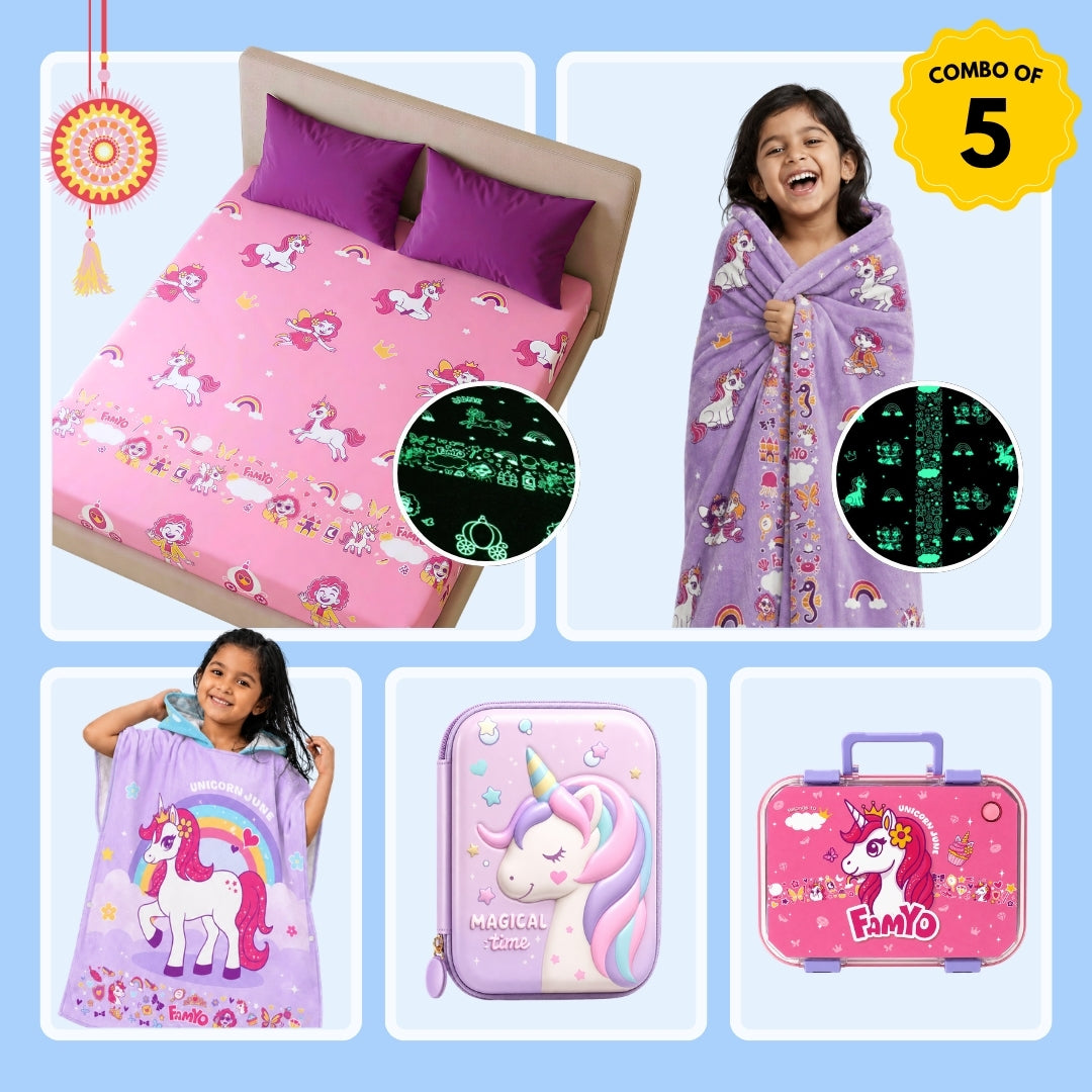 Mira the Mermaid & June Unicorn Complete Set for Kids | Glow Blanket, Bedsheet, Bento Box, Poncho Towel & Pencil Pouch | 5-Piece Gift Set