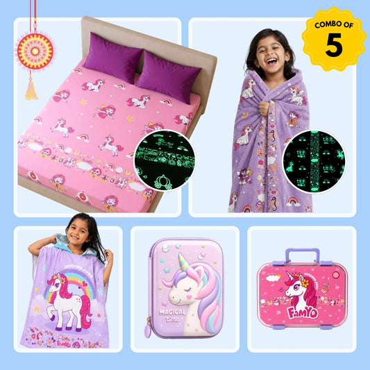 Mira the Mermaid & June Unicorn Complete Set for Kids | Glow Blanket, Bedsheet, Bento Box, Poncho Towel & Pencil Pouch | 5-Piece Gift Set