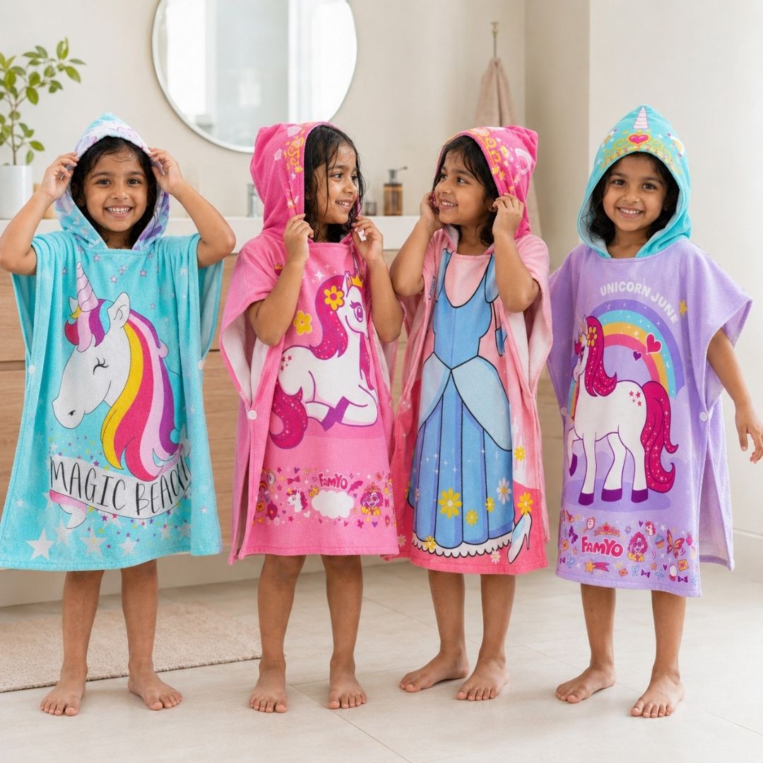 June, Purple June, Magic Beach & Magical Princess Hooded Poncho Towel Combo for Kids | Pack of 4 Quick-Dry Microfiber Towels | Bath, Beach & Pool