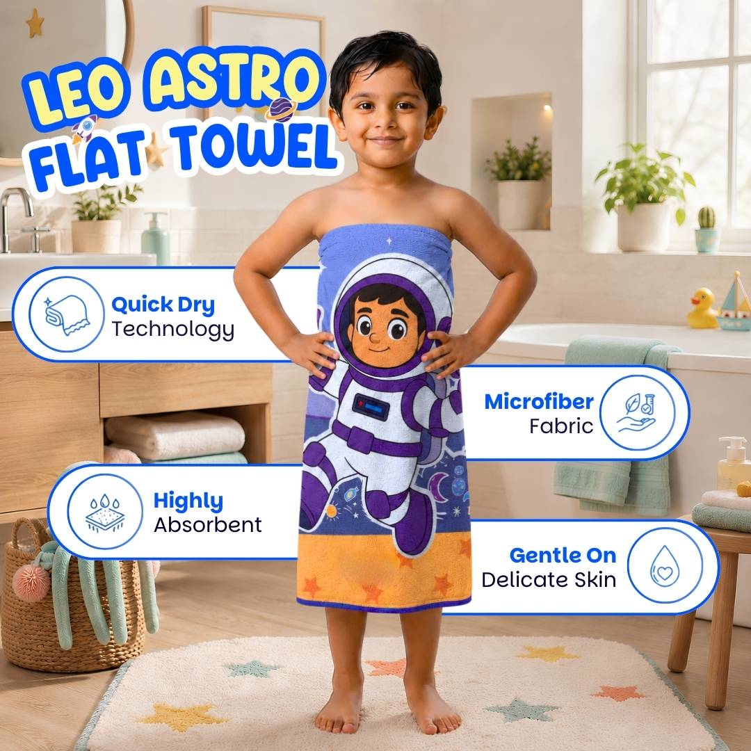 Famyo Leo the Astronaut Flat Towel for Kids made with premium microfiber fabric featuring quick dry technology, lightweight and travel friendly design, fade resistant print, soft and highly absorbent for bath, beach, swimming and everyday use.