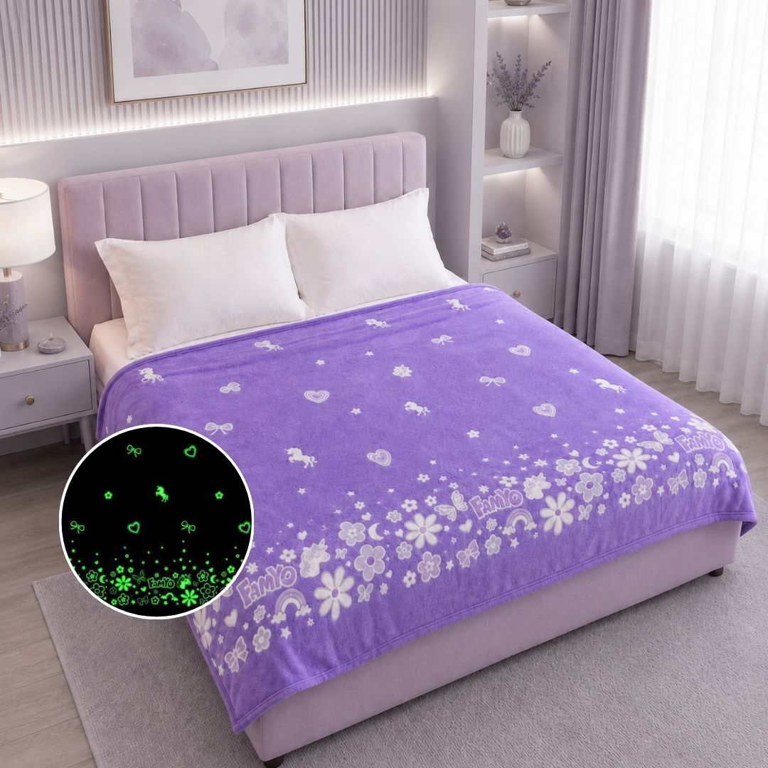 Lavender Unicorn & Dark Blue Astronaut Glow Quilt/Blanket/AC Comforter Set of 2 | Soft Flannel Queen Size Glow Blankets | All-Season Comfort