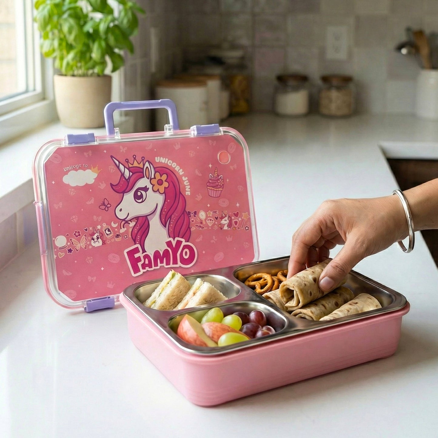 June the Unicorn bento lunch box for kids featuring 3 stainless steel compartments, leakproof design, BPA-free outer body, child-friendly locking clips, organised meal storage, and perfect for school lunches, travel, daycare, and everyday use.