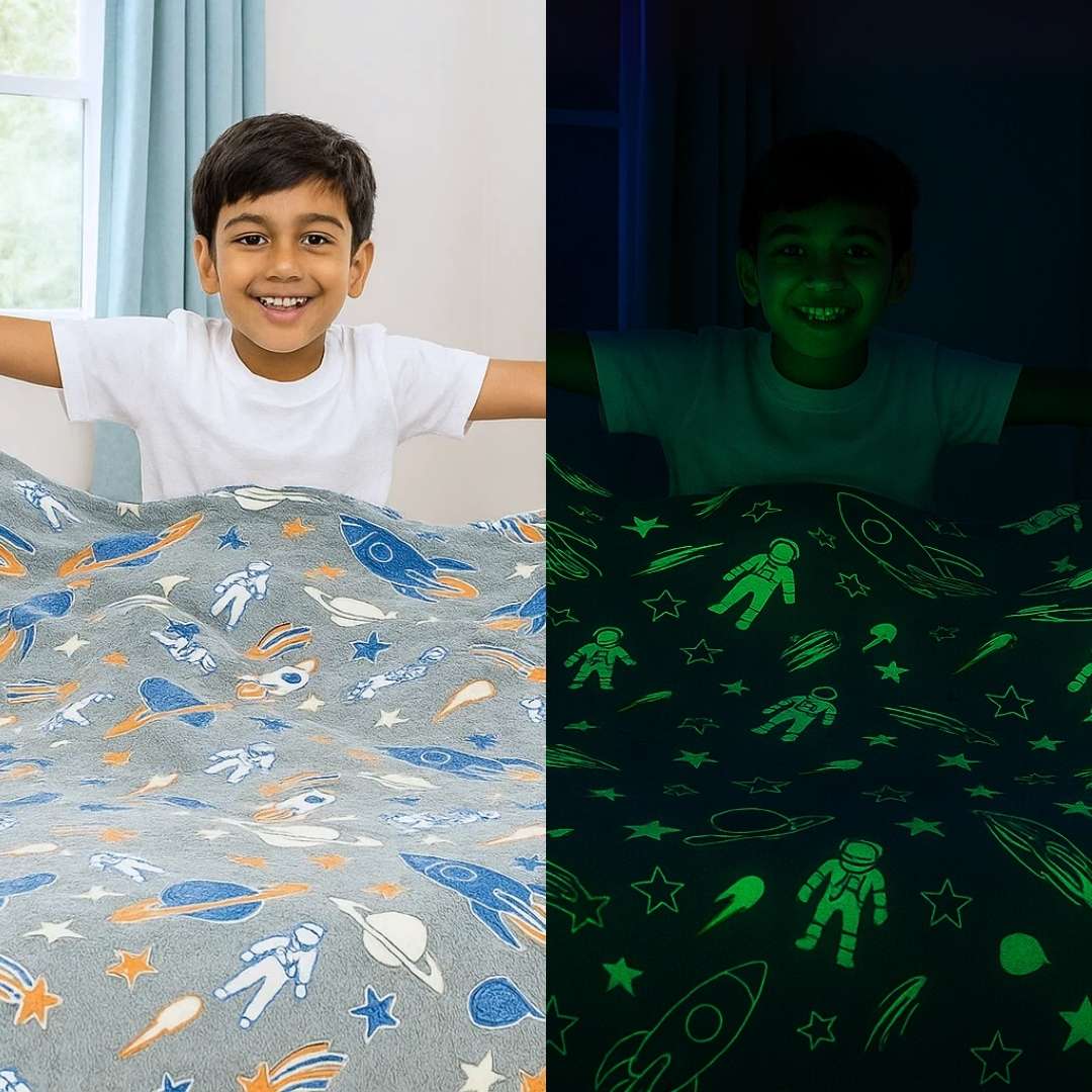 A child with space-themed bedding, shown under normal lighting and in its glowing-in-the-dark effect.
