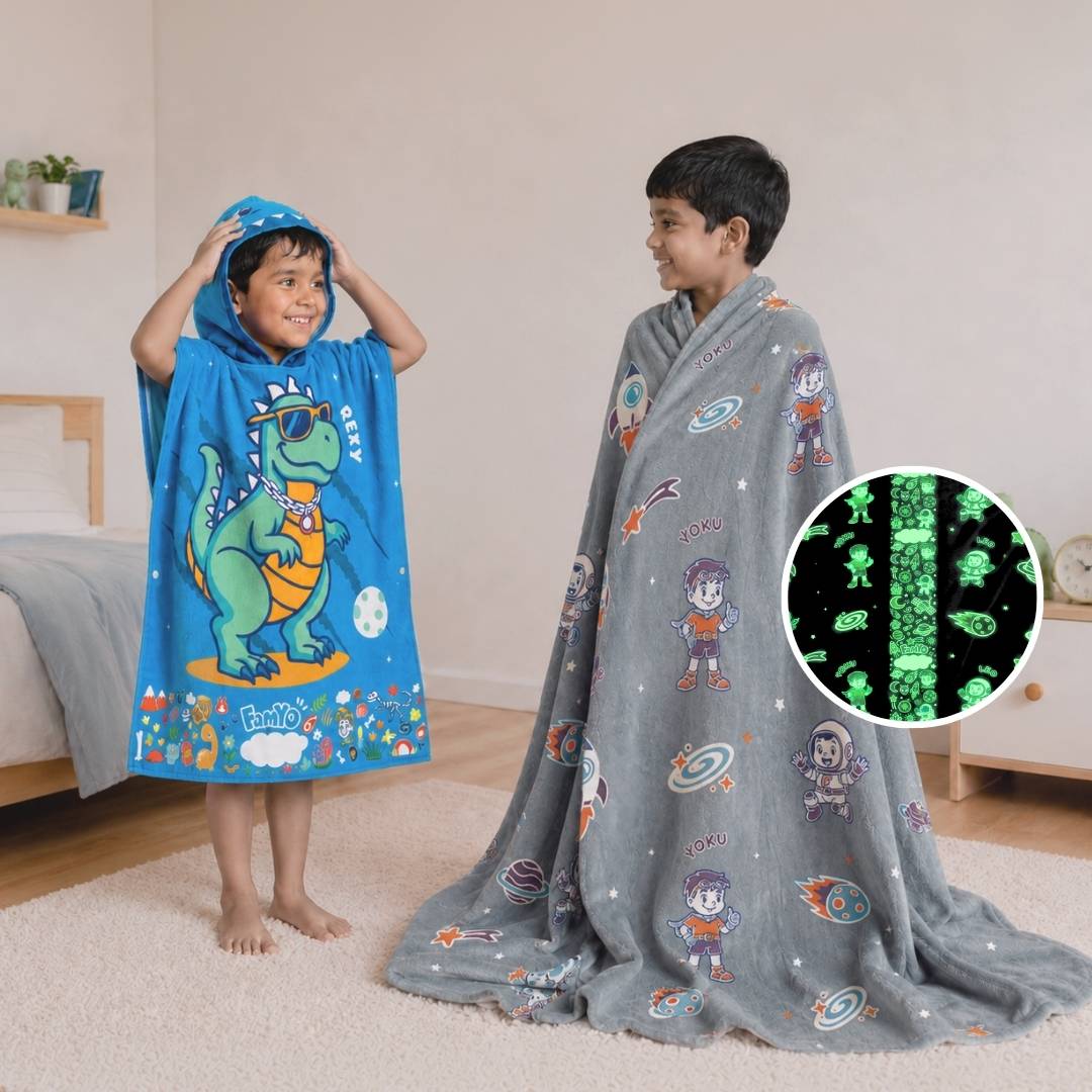 Leo the Astro Glow in the Dark Quilt/Blanket/AC Comforter & Rexy the Dino Hooded Poncho Towel Set for Kids | Glow Maxx & Hood Maxx Series