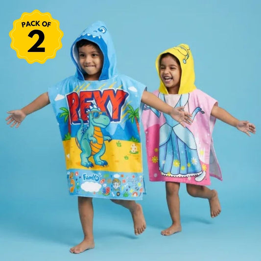 Rexy the Dino & Magical Princess Poncho Towels – Set of 2 | Quick-Dry Microfiber Hooded Towels for Kids (1–7 Years)