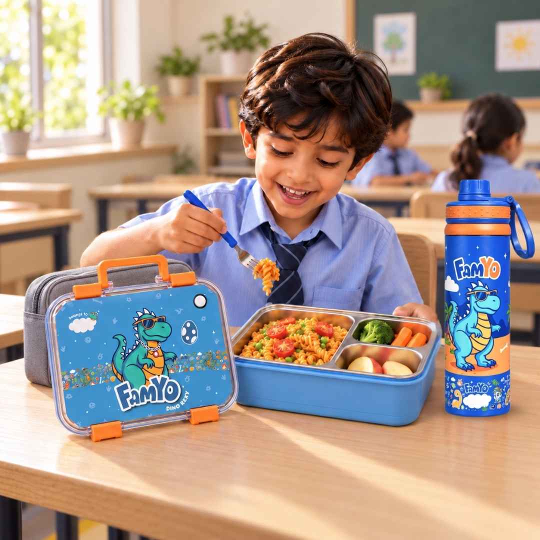 Rexy Dinosaur Bento Lunch Box & Water Bottle Combo for Kids | Leakproof Bento Box & 900 ML Stainless Steel Water Bottle | School Essentials Set | Perfect for Festive Gifting
