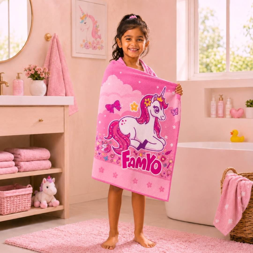 Famyo June the Unicorn Flat Towel for Kids made with premium microfiber fabric featuring quick dry technology, lightweight and travel friendly design, fade resistant print, soft and highly absorbent for bath, beach, swimming and everyday use.