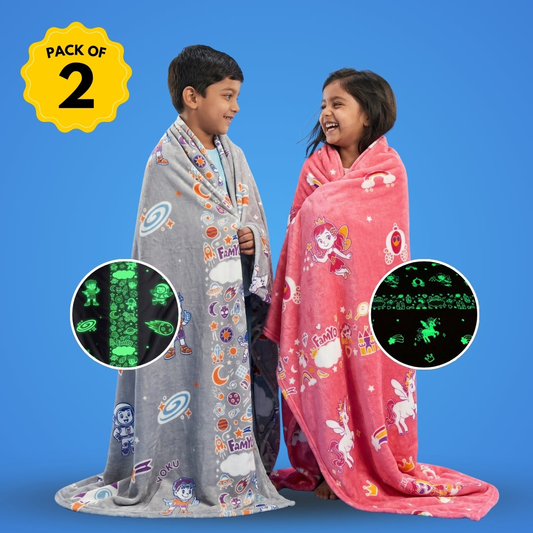 June the Unicorn & Leo the Astro Glow Maxx Blanket, Set of 2 – Glow Maxx Series | Soft Flannel Queen Size AC Blankets, 200×152 cm
