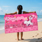 June the Unicorn kids towel featuring soft quick-dry terry fabric, lightweight absorbent design, 70 × 140 cm size, and ideal for bath, beach, pool, swimming, travel, and everyday use.
