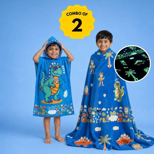Rexy the Dino Glow in the Dark Quilt/Blanket/AC Comforter & Hooded Poncho Towel Set for Kids | Glow Maxx & Hood Maxx Series