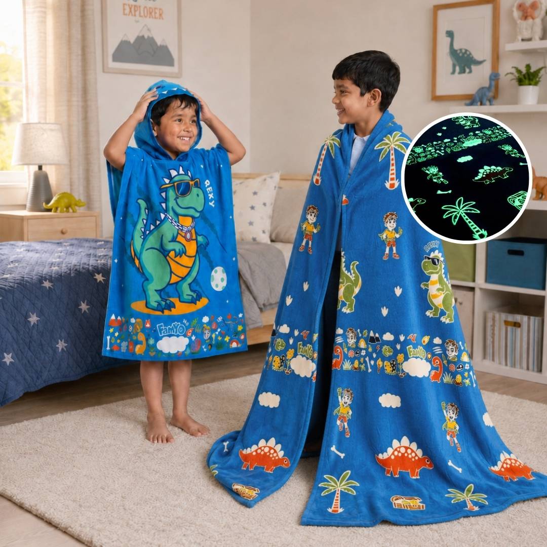 Rexy the Dino Glow in the Dark Quilt/Blanket/AC Comforter & Hooded Poncho Towel Set for Kids | Glow Maxx & Hood Maxx Series