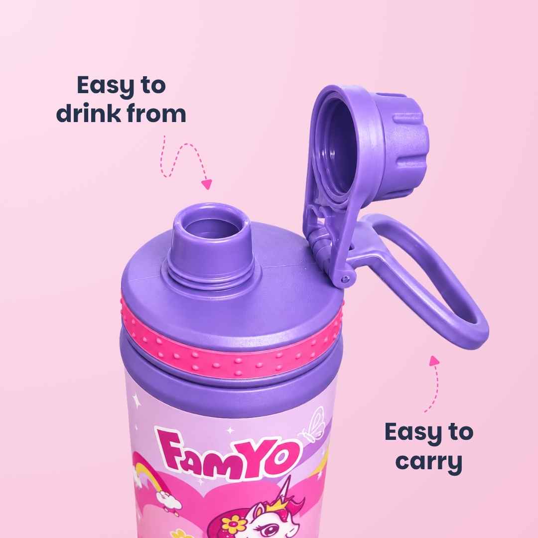 Kids stainless steel water bottle available in June the Unicorn, Rexy the Dinosaur, Leo the Astronaut, Dark Blue Astronaut, and Lavender Unicorn designs, featuring a 900 ml capacity, ideal for school, travel, and everyday hydration.