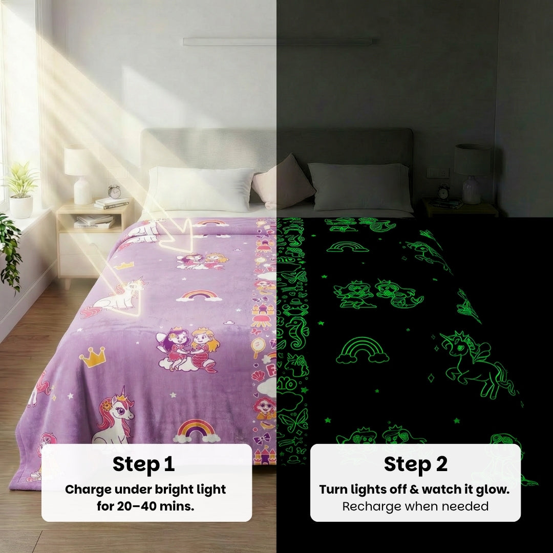 Famyo June Unicorn - Mira Mermaid Glow in the dark blanket - all season blanket for kids - charge under light - turn off light to see the magic