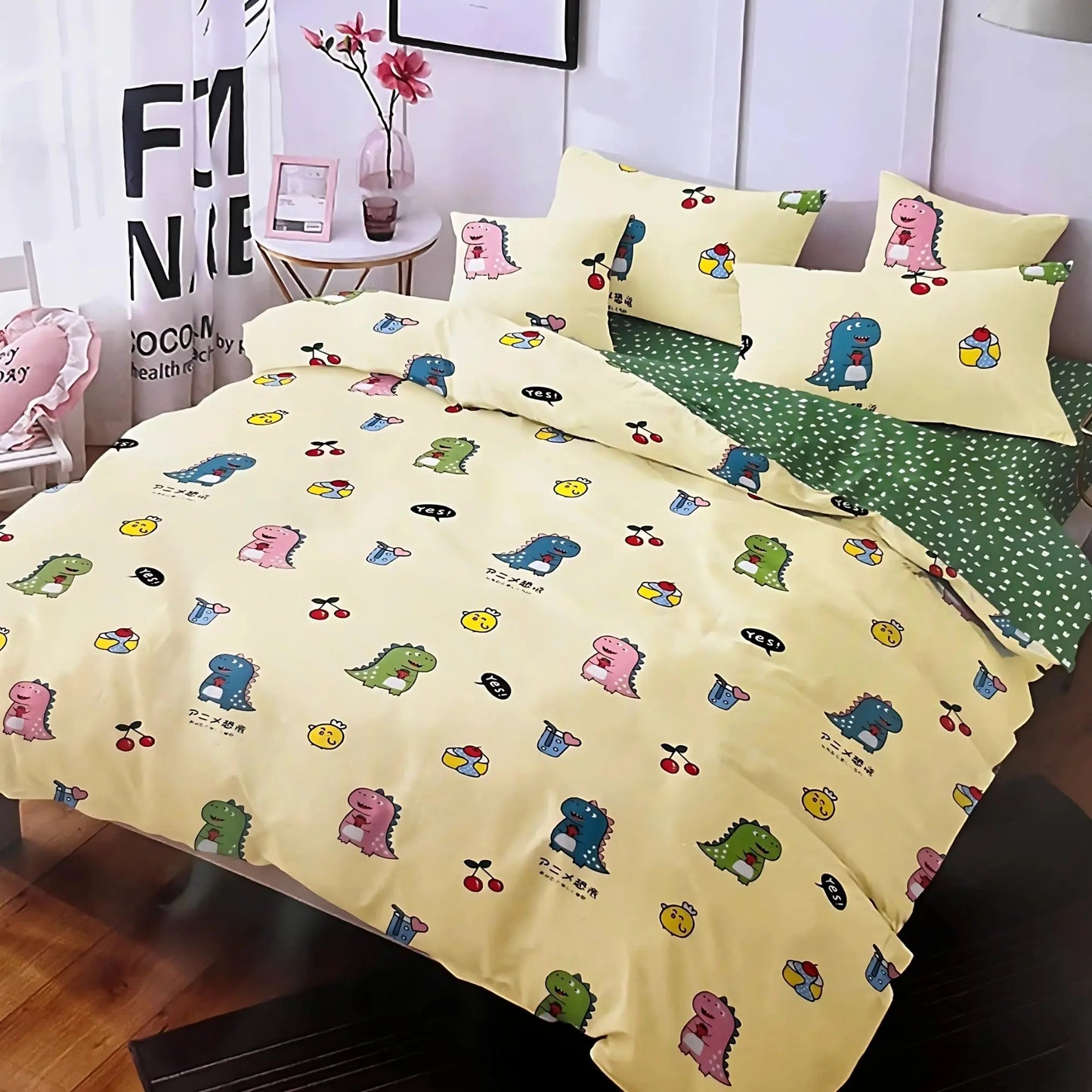 4pc/5pc King Bedding Set- Comforter Cover, Fitted Bedsheet, 2 Pillow Covers, Comforter in Cute Dinos