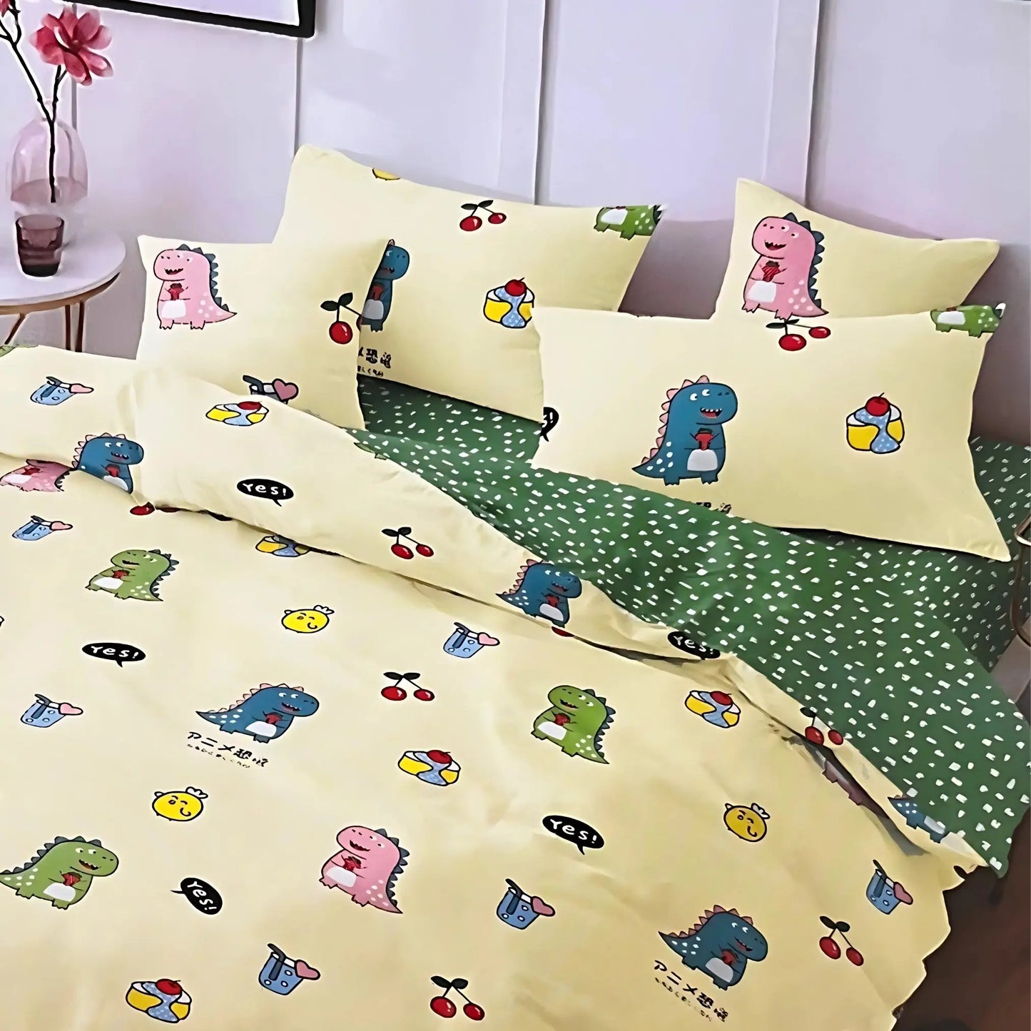 4pc/5pc King Bedding Set- Comforter Cover, Fitted Bedsheet, 2 Pillow Covers, Comforter in Cute Dinos