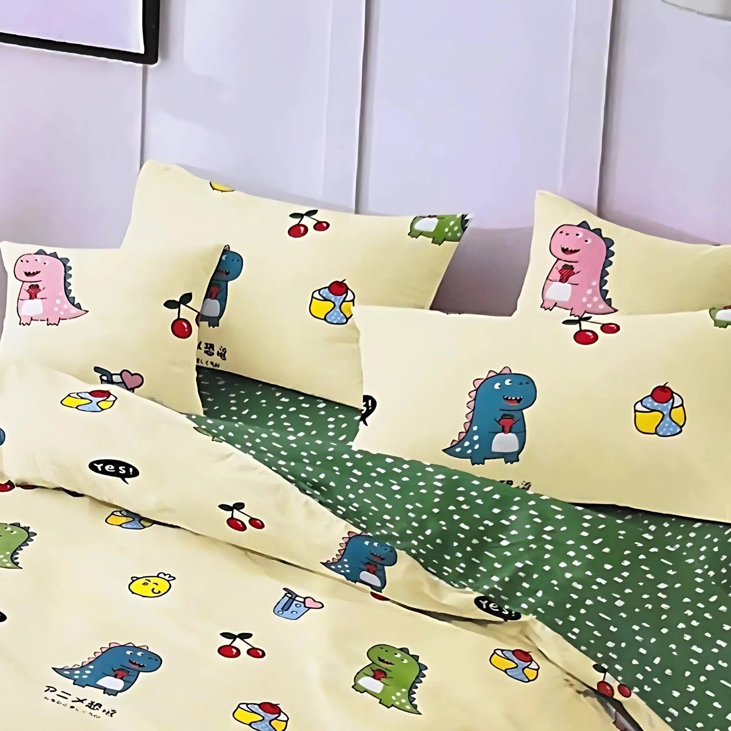 4pc/5pc King Bedding Set- Comforter Cover, Fitted Bedsheet, 2 Pillow Covers, Comforter in Cute Dinos