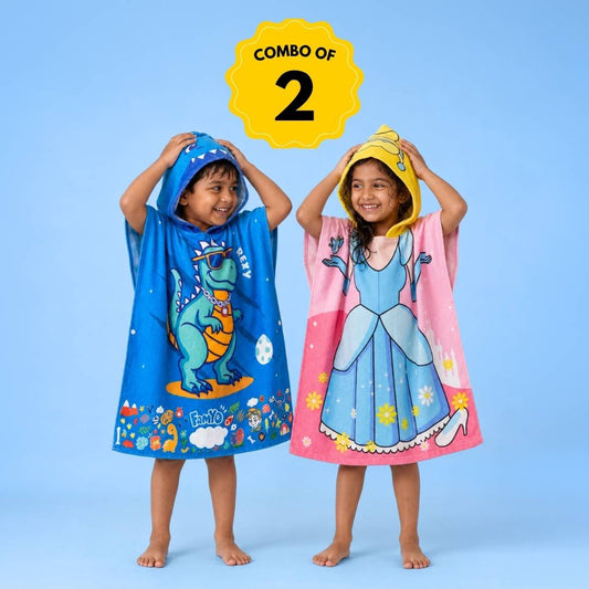 Rexy the Dino & Magical Princess Poncho Towels – Set of 2 | Quick-Dry Microfiber Hooded Towels for Kids (1–7 Years)