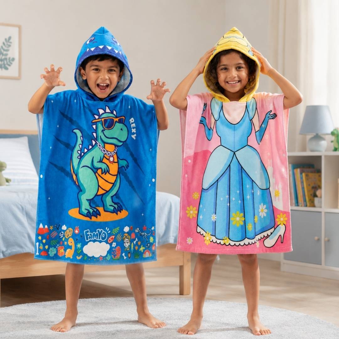 Rexy the Dino & Magical Princess Poncho Towels – Set of 2 | Quick-Dry Microfiber Hooded Towels for Kids (1–7 Years)