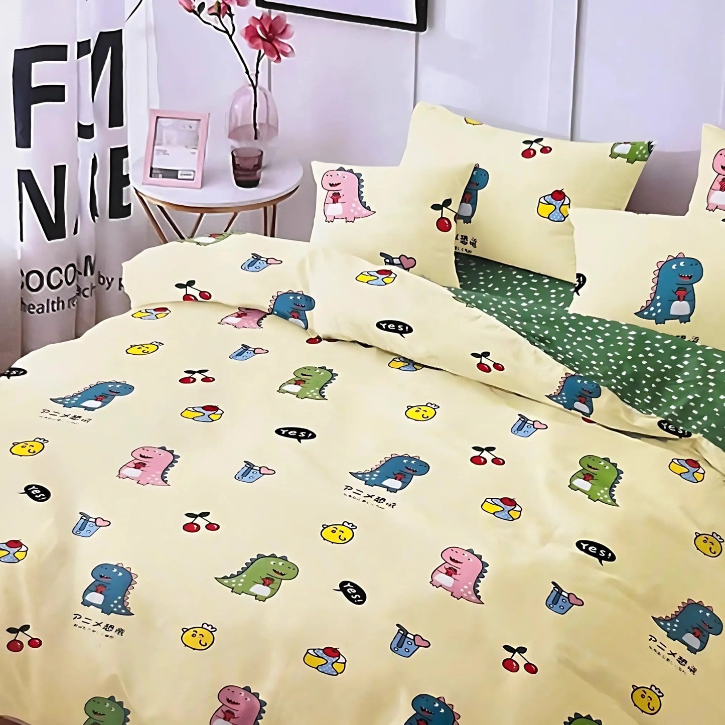 4pc/5pc King Bedding Set- Comforter Cover, Fitted Bedsheet, 2 Pillow Covers, Comforter in Cute Dinos