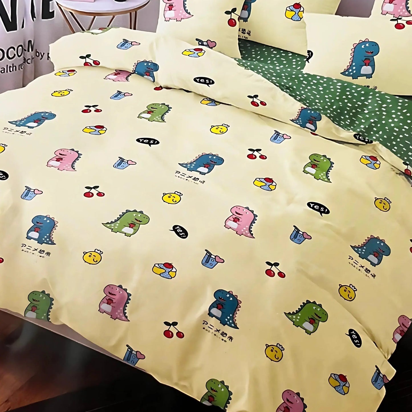 4pc/5pc King Bedding Set- Comforter Cover, Fitted Bedsheet, 2 Pillow Covers, Comforter in Cute Dinos