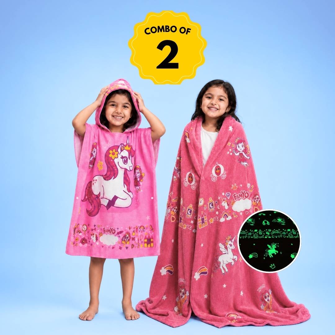 June the Unicorn Glow MAXX Blanket + Hood MAXX Poncho Towel for Kids (1–7 Years) | Soft Microfiber Bath & Sleep Set