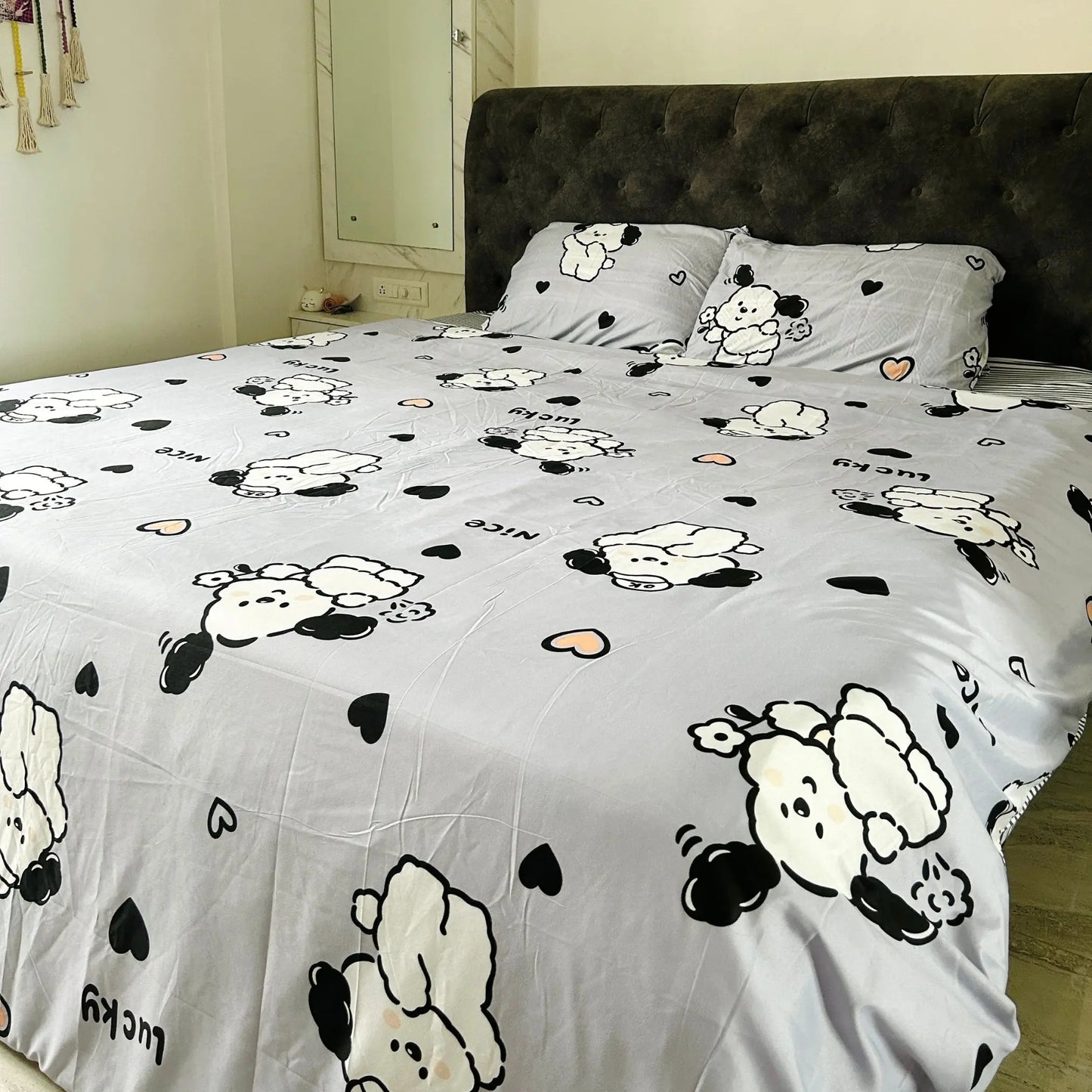 Grey Puppy & Flowers Themed Bedding Set for Stylish Kids Bedroom Decor