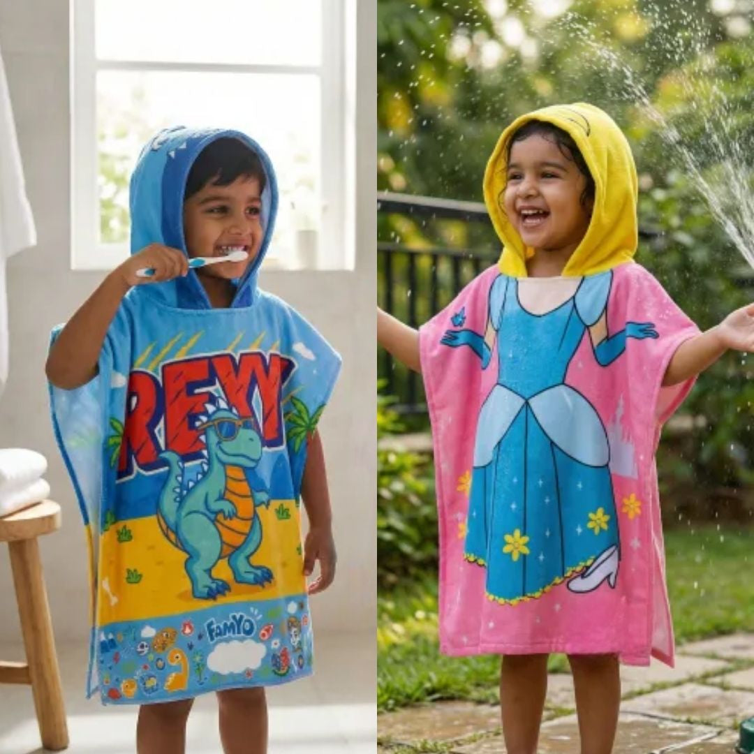 Rexy the Dino & Magical Princess Poncho Towels – Set of 2 | Quick-Dry Microfiber Hooded Towels for Kids (1–7 Years)