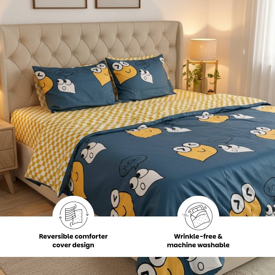 Cute Smiles 250TC King Bed Sheet Set (Set of 4 or Set of 5)