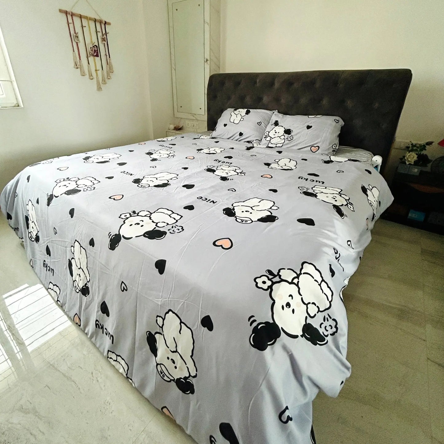 Grey Puppy & Flowers Themed Bedding Set for a complete kids' bedroom makeover