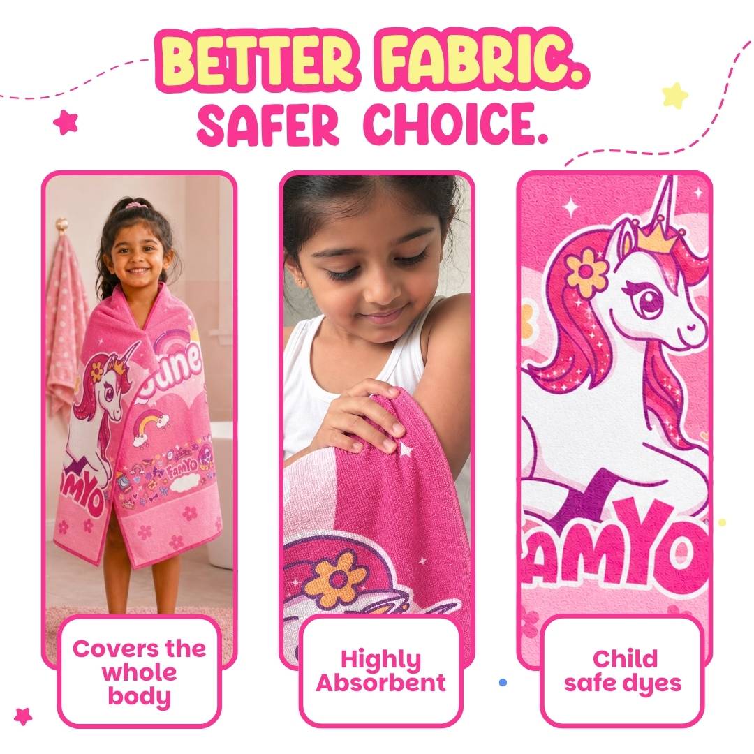 Famyo June the Unicorn Flat Towel for Kids made with premium microfiber fabric featuring quick dry technology, lightweight and travel friendly design, fade resistant print, soft and highly absorbent for bath, beach, swimming and everyday use.