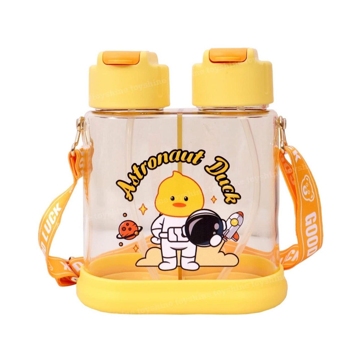 640ml Cute Cartoon Water Bottle Dual Drinks, Portable Aesthetic Transparent Canteen with Straws for Kids