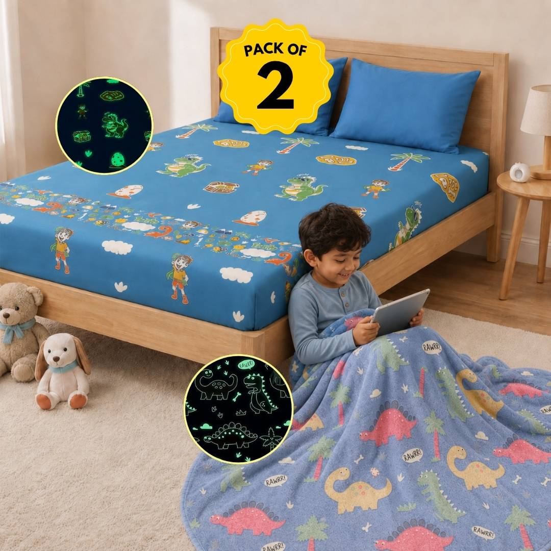 Rexy the Dino glow bedsheet and Blue Dino glow in the dark quilt, blanket and AC comforter set for kids with soft flannel fabric, king size glow bedsheet, queen size blanket, skin-safe glow technology, lightweight all-season comfort, and ideal for bedtime, kids' rooms, sleepovers, and gifting.
