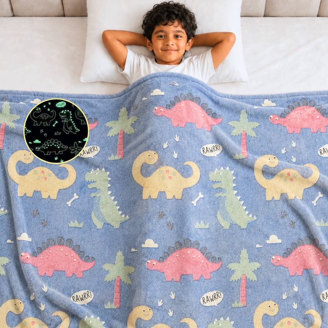 Rexy the Dino glow bedsheet and Blue Dino glow in the dark quilt, blanket and AC comforter set for kids with soft flannel fabric, king size glow bedsheet, queen size blanket, skin-safe glow technology, lightweight all-season comfort, and ideal for bedtime, kids' rooms, sleepovers, and gifting.
