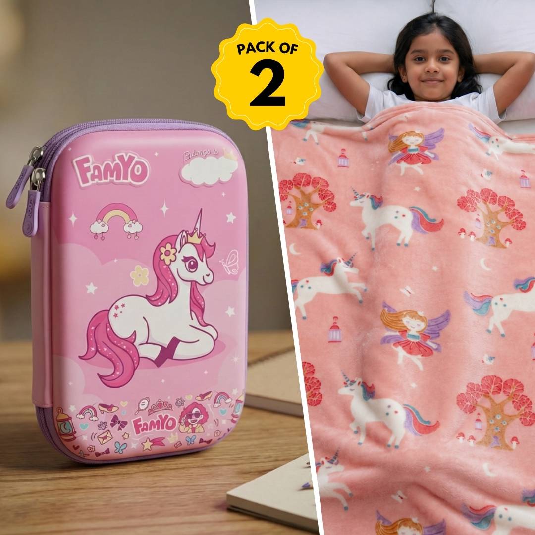 Famyo Fairy Unicorn Hard Shell Pencil Pouch & Glow in the Dark Quilt/Blanket/AC Comforter Gift Set for Kids | Queen Size