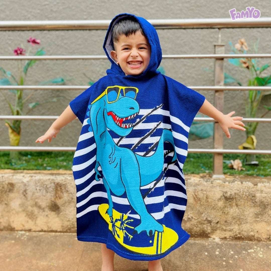 Kids Hooded Poncho Towel: Astro Dino (1–7 Yrs) – Famyo