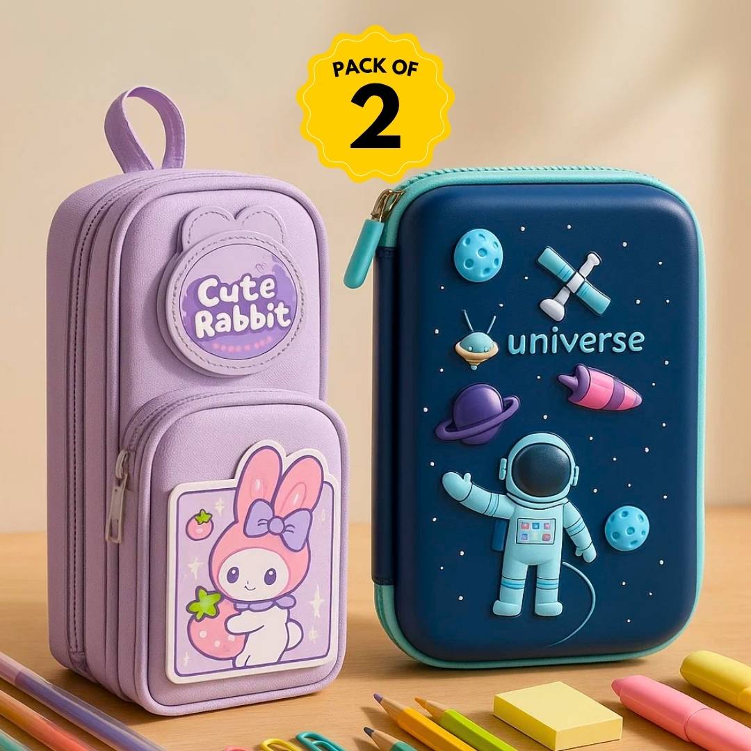 Famyo School Supplies Bundle – Pink Rabbit Pencil Pouch for Girls + Blue Space Pencil Box for Boys | 3-Compartment Zipper Pouch + Hard Shell Pencil Box Combo